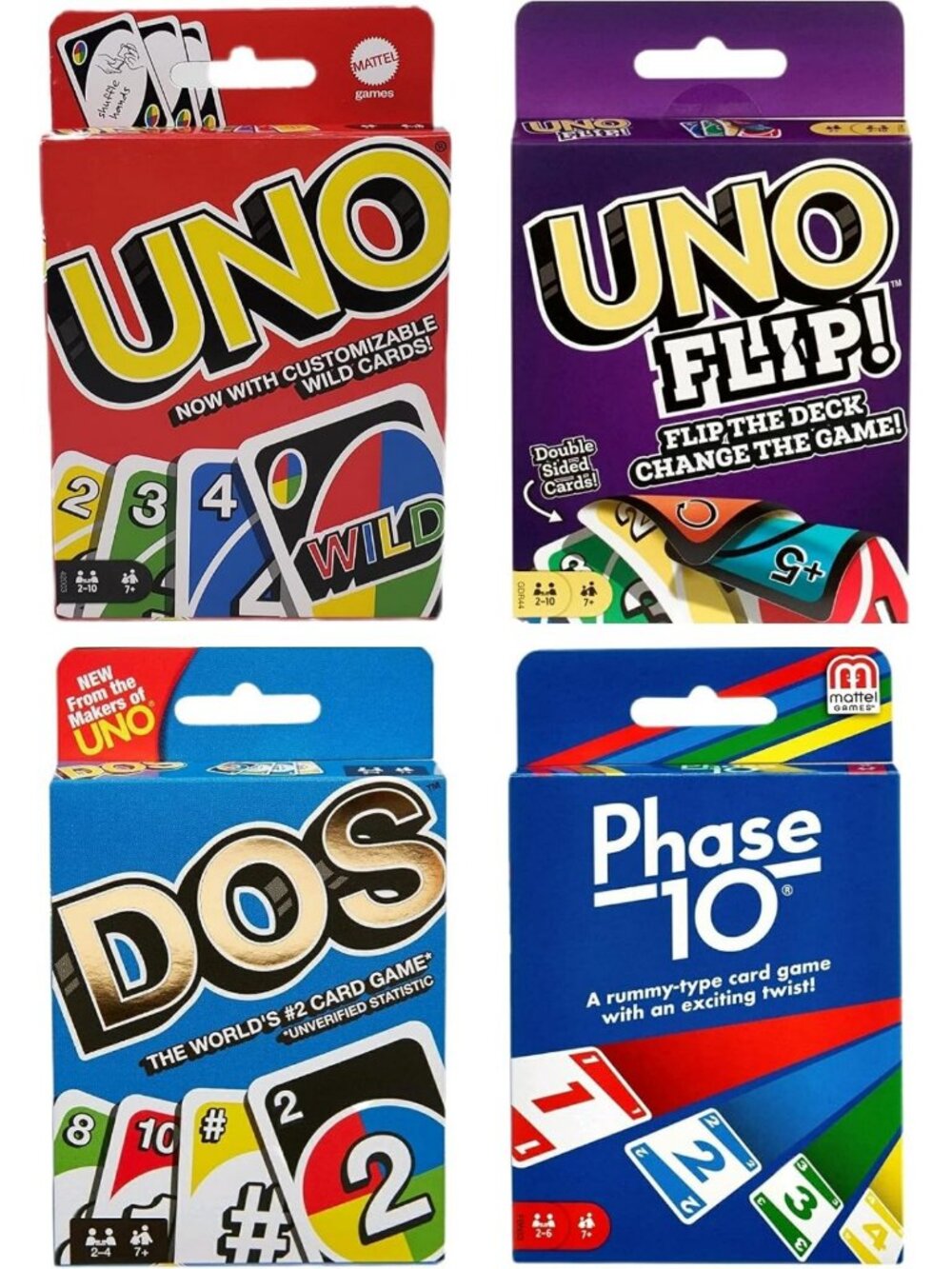 Ultimate Family Card Game Bundle - 4 Fun Games: Uno, Dos, Uno Flip, Phase 10